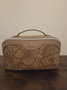 Embossed Floral Top-Handle Cosmetic Case in Tan